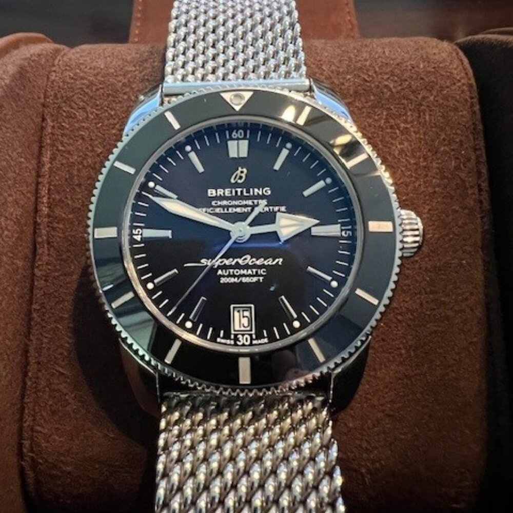 WORN ONCE Breitling Superocean Heritage, black dial, silver mesh bracelet, 42 mm